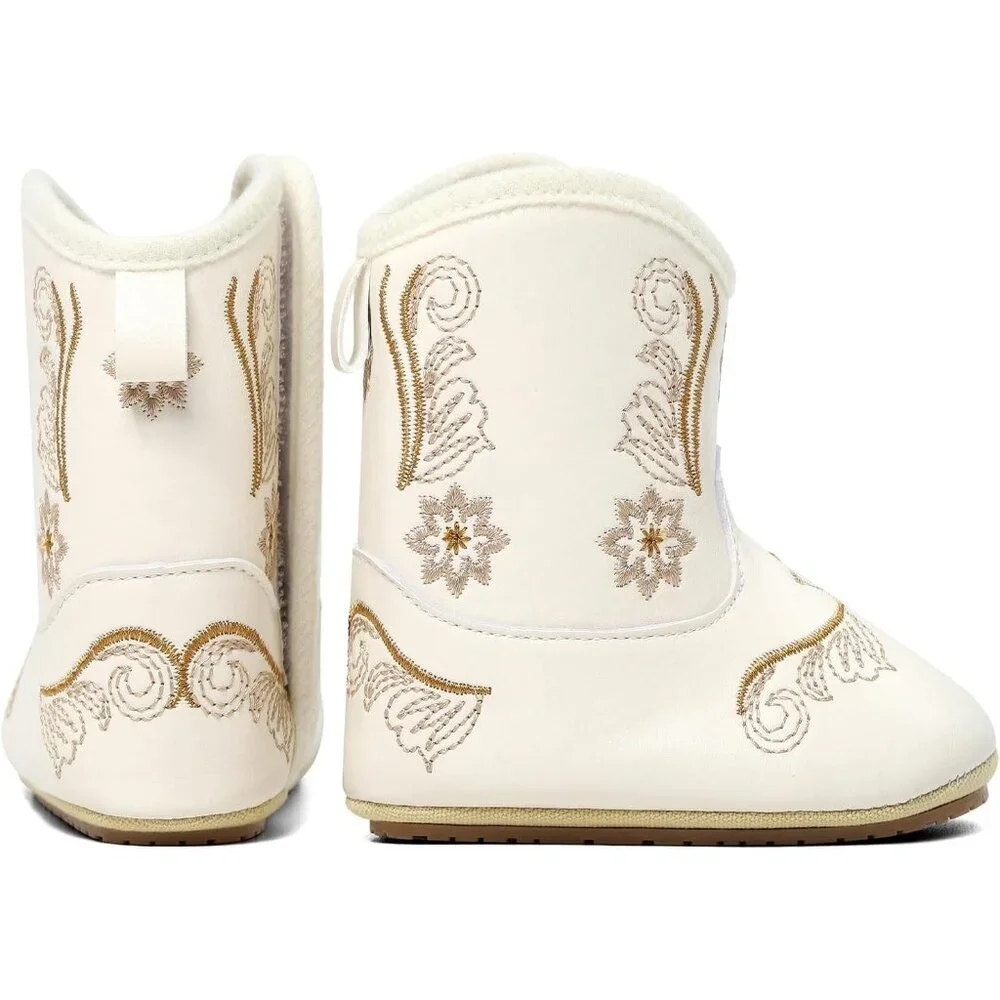 Infant Toddler White Embroidered Faux Leather Western Rubber Sole Tassel Booties